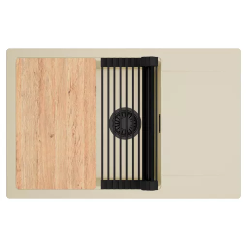 HD Onyx Beige 78-XL egymedencés gránit mosogatótálca szett, csepegtetőtálcával, vágódeszkával, matt fekete csepegtetőráccsal, soft bézs színben, matt fekete leeresztő szifonnal