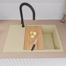 HD Onyx Beige 78-XL egymedencés gránit mosogatótálca szett, csepegtetőtálcával, vágódeszkával, matt fekete csepegtetőráccsal, soft bézs színben, matt fekete leeresztő szifonnal