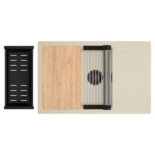HD Onyx Beige 78-XL egymedencés gránit mosogatótálca szett, csepegtetőtálcával, vágódeszkával, acél csepegtetőráccsal és matt fekete kosárral, soft bézs színben, matt fekete leeresztő szifonnal
