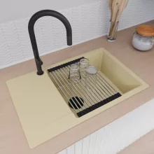 HD Onyx Beige 78-XL egymedencés gránit mosogatótálca szett, csepegtetőtálcával, vágódeszkával, acél csepegtetőráccsal és matt fekete kosárral, soft bézs színben, matt fekete leeresztő szifonnal