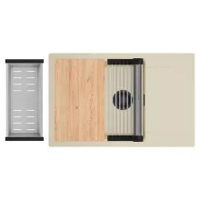 HD Onyx Beige 78-XL egymedencés gránit mosogatótálca szett, csepegtetőtálcával, vágódeszkával, acél csepegtetőráccsal és kosárral, soft bézs színben, matt fekete leeresztő szifonnal