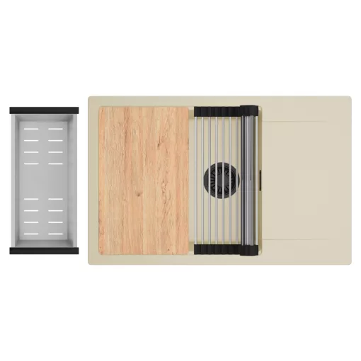 HD Onyx Beige 78-XL egymedencés gránit mosogatótálca szett, csepegtetőtálcával, vágódeszkával, acél csepegtetőráccsal és kosárral, soft bézs színben, matt fekete leeresztő szifonnal