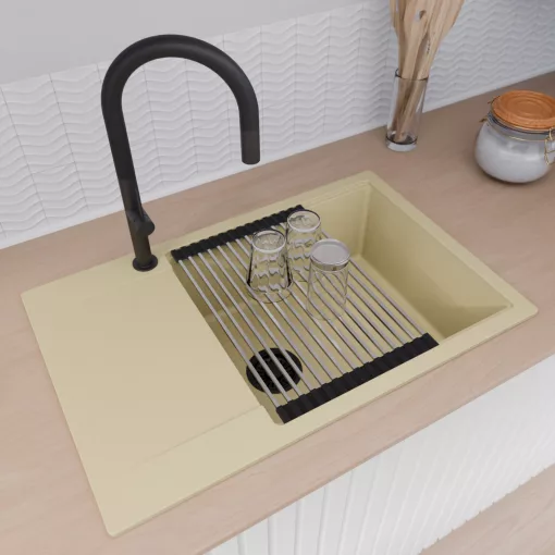 HD Onyx Beige 78-XL egymedencés gránit mosogatótálca szett, csepegtetőtálcával, vágódeszkával, acél csepegtetőráccsal és kosárral, soft bézs színben, matt fekete leeresztő szifonnal