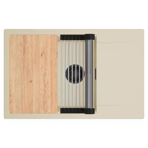 HD Onyx Beige 78-XL egymedencés gránit mosogatótálca szett, csepegtetőtálcával, vágódeszkával, acél csepegtetőráccsal, soft bézs színben, matt fekete leeresztő szifonnal