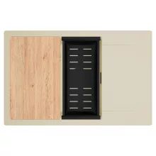 HD Onyx Beige 78-XL egymedencés gránit mosogatótálca szett, csepegtetőtálcával, vágódeszkával, matt fekete csepegtetőkosárral, soft bézs színben, matt fekete leeresztő szifonnal