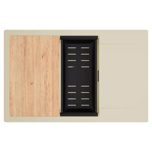 HD Onyx Beige 78-XL egymedencés gránit mosogatótálca szett, csepegtetőtálcával, vágódeszkával, matt fekete csepegtetőkosárral, soft bézs színben, matt fekete leeresztő szifonnal