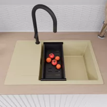 HD Onyx Beige 78-XL egymedencés gránit mosogatótálca szett, csepegtetőtálcával, vágódeszkával, matt fekete csepegtetőkosárral, soft bézs színben, matt fekete leeresztő szifonnal