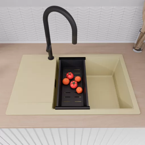 HD Onyx Beige 78-XL egymedencés gránit mosogatótálca szett, csepegtetőtálcával, vágódeszkával, matt fekete csepegtetőkosárral, soft bézs színben, matt fekete leeresztő szifonnal