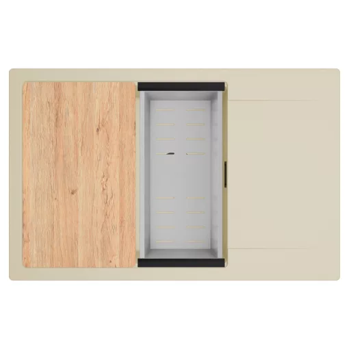 HD Onyx Beige 78-XL egymedencés gránit mosogatótálca szett, csepegtetőtálcával, vágódeszkával, acél csepegtetőkosárral, soft bézs színben, matt fekete leeresztő szifonnal