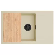 HD Onyx Beige 78-XL egymedencés gránit mosogatótálca, vágódeszkával, soft bézs színben, matt fekete leeresztő szifonnal