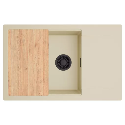 HD Onyx Beige 78-XL egymedencés gránit mosogatótálca, vágódeszkával, soft bézs színben, matt fekete leeresztő szifonnal