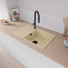 HD Onyx Beige 78-XL egymedencés gránit mosogatótálca, vágódeszkával, soft bézs színben, matt fekete leeresztő szifonnal