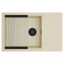 HD Onyx Beige 78-XL egymedencés mosogatótálca szett, acél csepegtetőráccsal, csepegtetőtálcával, soft bézs színben, matt fekete leeresztő szifonnal