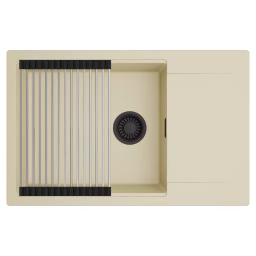 HD Onyx Beige 78-XL egymedencés mosogatótálca szett, acél csepegtetőráccsal, csepegtetőtálcával, soft bézs színben, matt fekete leeresztő szifonnal