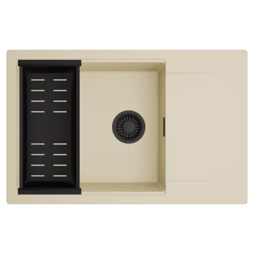 HD Onyx Beige 78-XL egymedencés mosogatótálca szett, matt fekete csepegtetőkosárral, csepegtetőtálcával, soft bézs színben, matt fekete leeresztő szifonnal