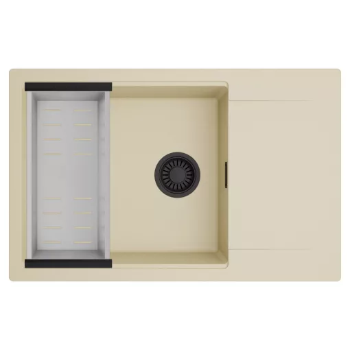 HD Onyx Beige 78-XL egymedencés mosogatótálca szett, acél csepegtetőkosárral, csepegtetőtálcával, soft bézs színben, matt fekete leeresztő szifonnal