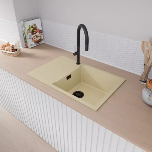 HD Onyx Beige 78-XL egymedencés mosogatótálca, csepegtetőtálcával, soft bézs színben, matt fekete leeresztő szifonnal