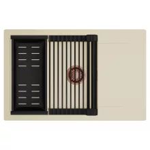 HD Onyx Beige 78-XL egymedencés mosogatótálca szett, matt fekete csepegtetőráccsal és kosárral, csepegtetőtálcával, soft bézs színben, szálcsiszolt réz leeresztő szifonnal