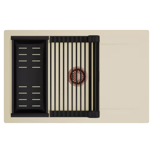 HD Onyx Beige 78-XL egymedencés mosogatótálca szett, matt fekete csepegtetőráccsal és kosárral, csepegtetőtálcával, soft bézs színben, szálcsiszolt réz leeresztő szifonnal