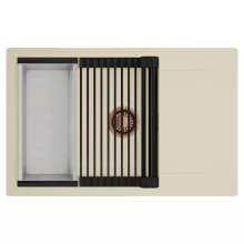 HD Onyx Beige 78-XL egymedencés mosogatótálca szett, matt fekete csepegtetőráccsal és krómozott kosárral, csepegtetőtálcával, soft bézs színben, szálcsiszolt réz leeresztő szifonnal