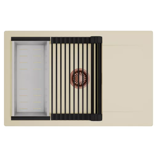 HD Onyx Beige 78-XL egymedencés mosogatótálca szett, matt fekete csepegtetőráccsal és krómozott kosárral, csepegtetőtálcával, soft bézs színben, szálcsiszolt réz leeresztő szifonnal