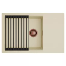 HD Onyx Beige 78-XL egymedencés mosogatótálca szett, matt fekete csepegtetőráccsal, csepegtetőtálcával, soft bézs színben, szálcsiszolt réz leeresztő szifonnal