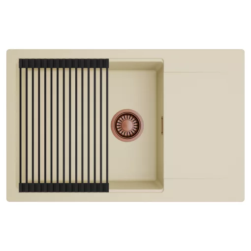 HD Onyx Beige 78-XL egymedencés mosogatótálca szett, matt fekete csepegtetőráccsal, csepegtetőtálcával, soft bézs színben, szálcsiszolt réz leeresztő szifonnal