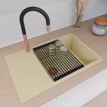 HD Onyx Beige 78-XL egymedencés mosogatótálca szett, matt fekete csepegtetőráccsal, csepegtetőtálcával, soft bézs színben, szálcsiszolt réz leeresztő szifonnal