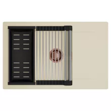 HD Onyx Beige 78-XL egymedencés mosogatótálca szett, acél csepegtetőráccsal és matt fekete kosárral, csepegtetőtálcával, soft bézs színben, szálcsiszolt réz leeresztő szifonnal