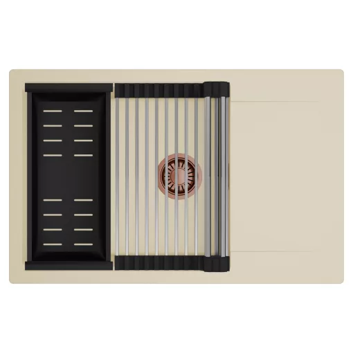 HD Onyx Beige 78-XL egymedencés mosogatótálca szett, acél csepegtetőráccsal és matt fekete kosárral, csepegtetőtálcával, soft bézs színben, szálcsiszolt réz leeresztő szifonnal