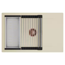 HD Onyx Beige 78-XL egymedencés mosogatótálca szett, acél csepegtetőráccsal és kosárral, csepegtetőtálcával, soft bézs színben, szálcsiszolt réz leeresztő szifonnal