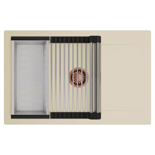 HD Onyx Beige 78-XL egymedencés mosogatótálca szett, acél csepegtetőráccsal és kosárral, csepegtetőtálcával, soft bézs színben, szálcsiszolt réz leeresztő szifonnal