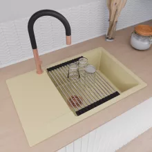 HD Onyx Beige 78-XL egymedencés mosogatótálca szett, acél csepegtetőráccsal és kosárral, csepegtetőtálcával, soft bézs színben, szálcsiszolt réz leeresztő szifonnal