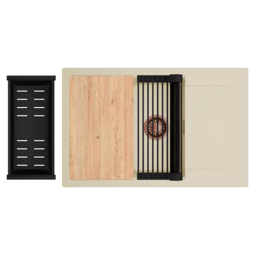 HD Onyx Beige 78-XL egymedencés gránit mosogatótálca szett, csepegtetőtálcával, vágódeszkával, matt fekete csepegtetőráccsal és kosárral, soft bézs színben, szálcsiszolt réz leeresztő szifonnal