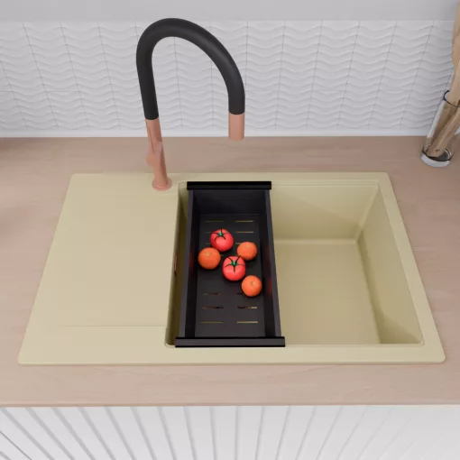 HD Onyx Beige 78-XL egymedencés gránit mosogatótálca szett, csepegtetőtálcával, vágódeszkával, matt fekete csepegtetőráccsal és kosárral, soft bézs színben, szálcsiszolt réz leeresztő szifonnal