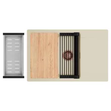 HD Onyx Beige 78-XL egymedencés gránit mosogatótálca szett, csepegtetőtálcával, vágódeszkával, matt fekete csepegtetőráccsal és krómozott kosárral, soft bézs színben, szálcsiszolt réz leeresztő szifonnal