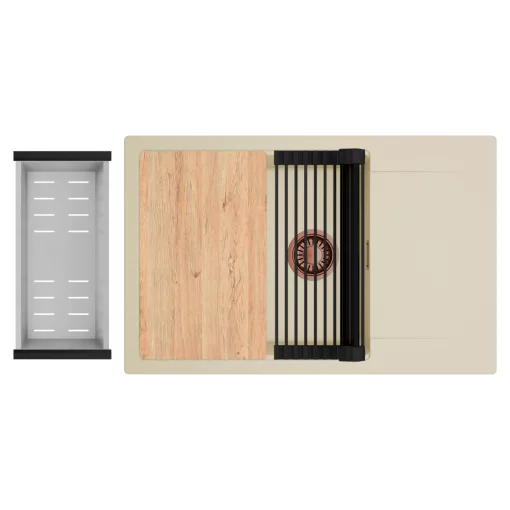 HD Onyx Beige 78-XL egymedencés gránit mosogatótálca szett, csepegtetőtálcával, vágódeszkával, matt fekete csepegtetőráccsal és krómozott kosárral, soft bézs színben, szálcsiszolt réz leeresztő szifonnal