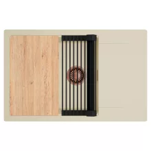 HD Onyx Beige 78-XL egymedencés gránit mosogatótálca szett, csepegtetőtálcával, vágódeszkával, matt fekete csepegtetőráccsal, soft bézs színben, szálcsiszolt réz leeresztő szifonnal