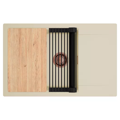 HD Onyx Beige 78-XL egymedencés gránit mosogatótálca szett, csepegtetőtálcával, vágódeszkával, matt fekete csepegtetőráccsal, soft bézs színben, szálcsiszolt réz leeresztő szifonnal