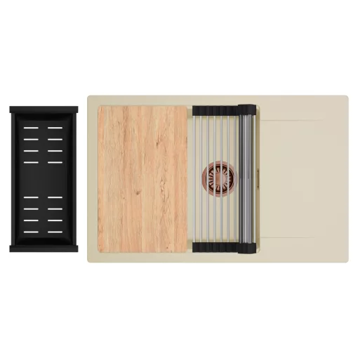 HD Onyx Beige 78-XL egymedencés gránit mosogatótálca szett, csepegtetőtálcával, vágódeszkával, acél csepegtetőráccsal és matt fekete kosárral, soft bézs színben, szálcsiszolt réz leeresztő szifonnal