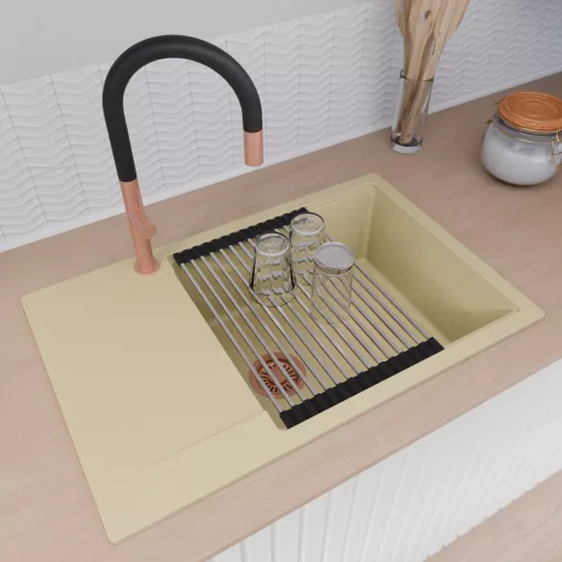 HD Onyx Beige 78-XL egymedencés gránit mosogatótálca szett, csepegtetőtálcával, vágódeszkával, acél csepegtetőráccsal és matt fekete kosárral, soft bézs színben, szálcsiszolt réz leeresztő szifonnal