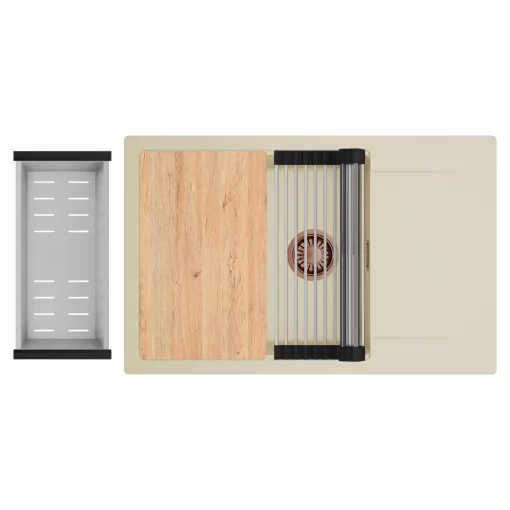 HD Onyx Beige 78-XL egymedencés gránit mosogatótálca szett, csepegtetőtálcával, vágódeszkával, acél csepegtetőráccsal és kosárral, soft bézs színben, szálcsiszolt réz leeresztő szifonnal