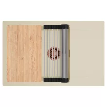 HD Onyx Beige 78-XL egymedencés gránit mosogatótálca szett, csepegtetőtálcával, vágódeszkával, acél csepegtetőráccsal, soft bézs színben, szálcsiszolt réz leeresztő szifonnal