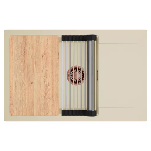 HD Onyx Beige 78-XL egymedencés gránit mosogatótálca szett, csepegtetőtálcával, vágódeszkával, acél csepegtetőráccsal, soft bézs színben, szálcsiszolt réz leeresztő szifonnal