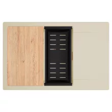 HD Onyx Beige 78-XL egymedencés gránit mosogatótálca szett, csepegtetőtálcával, vágódeszkával, matt fekete csepegtetőkosárral, soft bézs színben, szálcsiszolt réz leeresztő szifonnal