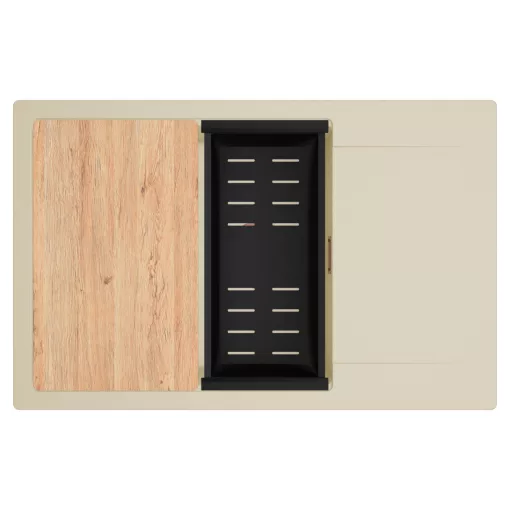 HD Onyx Beige 78-XL egymedencés gránit mosogatótálca szett, csepegtetőtálcával, vágódeszkával, matt fekete csepegtetőkosárral, soft bézs színben, szálcsiszolt réz leeresztő szifonnal