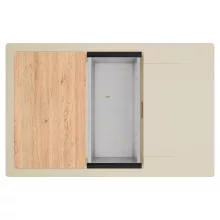 HD Onyx Beige 78-XL egymedencés gránit mosogatótálca szett, csepegtetőtálcával, vágódeszkával, acél csepegtetőkosárral, soft bézs színben, szálcsiszolt réz leeresztő szifonnal