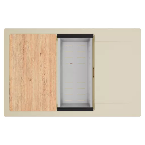 HD Onyx Beige 78-XL egymedencés gránit mosogatótálca szett, csepegtetőtálcával, vágódeszkával, acél csepegtetőkosárral, soft bézs színben, szálcsiszolt réz leeresztő szifonnal