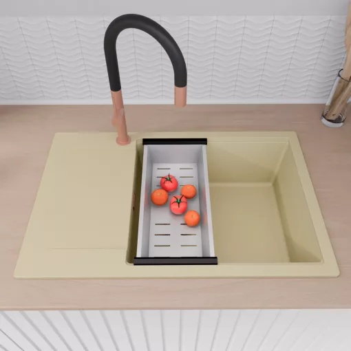 HD Onyx Beige 78-XL egymedencés gránit mosogatótálca szett, csepegtetőtálcával, vágódeszkával, acél csepegtetőkosárral, soft bézs színben, szálcsiszolt réz leeresztő szifonnal