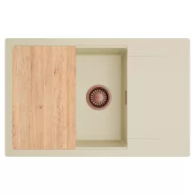 HD Onyx Beige 78-XL egymedencés gránit mosogatótálca, vágódeszkával, soft bézs színben, szálcsiszolt réz leeresztő szifonnal